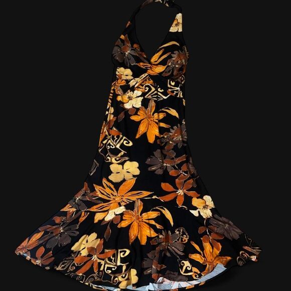 Cache Dresses & Skirts - Vintage Y2K Cache Women's Black & Orange Tropical Floral Halter Midi Dress SZ 4